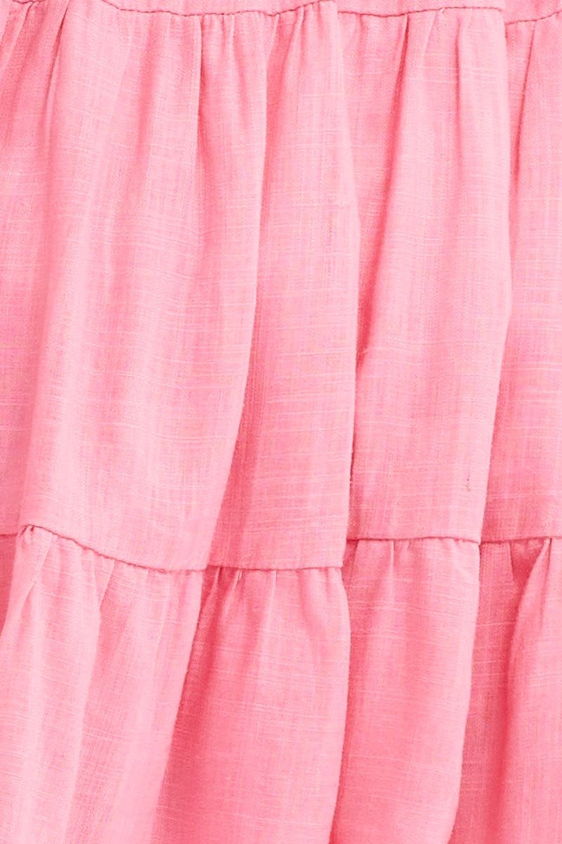 Pink Round Neck Short Sleeve Linen Blend Skater Dress