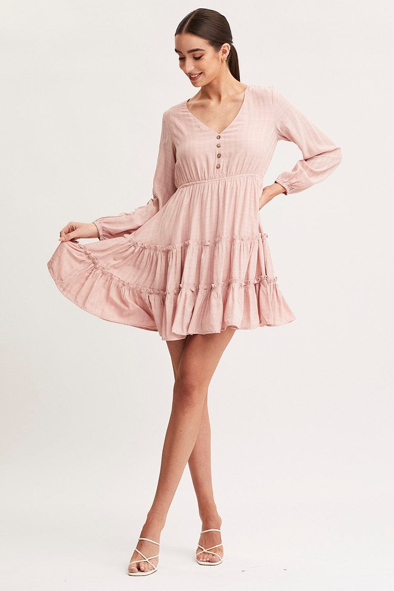 Pink Skater Dress Long Sleeve Mini