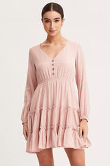 Pink Skater Dress Long Sleeve Mini