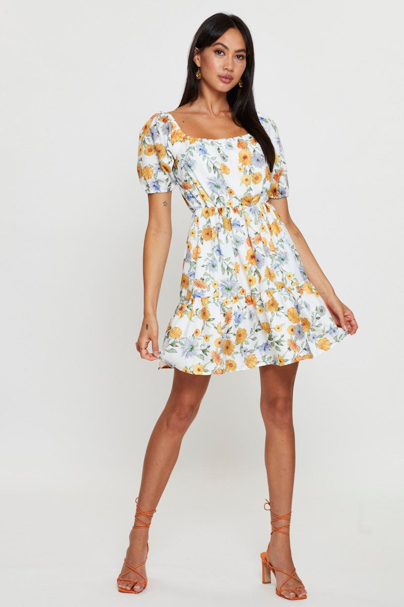 Print Fit And Flare Dress Short Sleeve Square Neck
