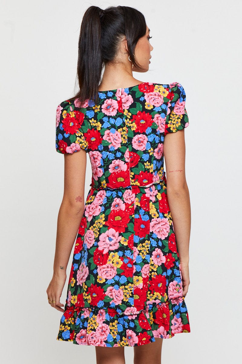 Print Fit And Flare Dress Short Sleeve V Neck