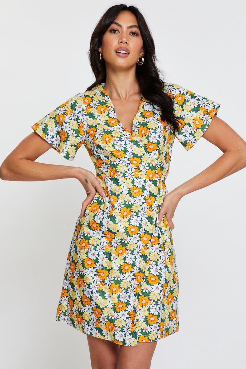 Print Fit And Flare Dress Short Sleeve V Neck