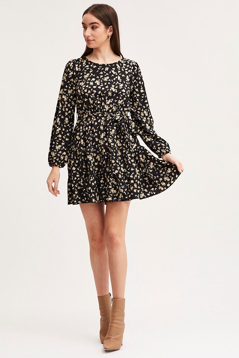 Print Mini Dress Long Sleeve Round Neck