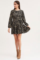 Print Mini Dress Long Sleeve Round Neck