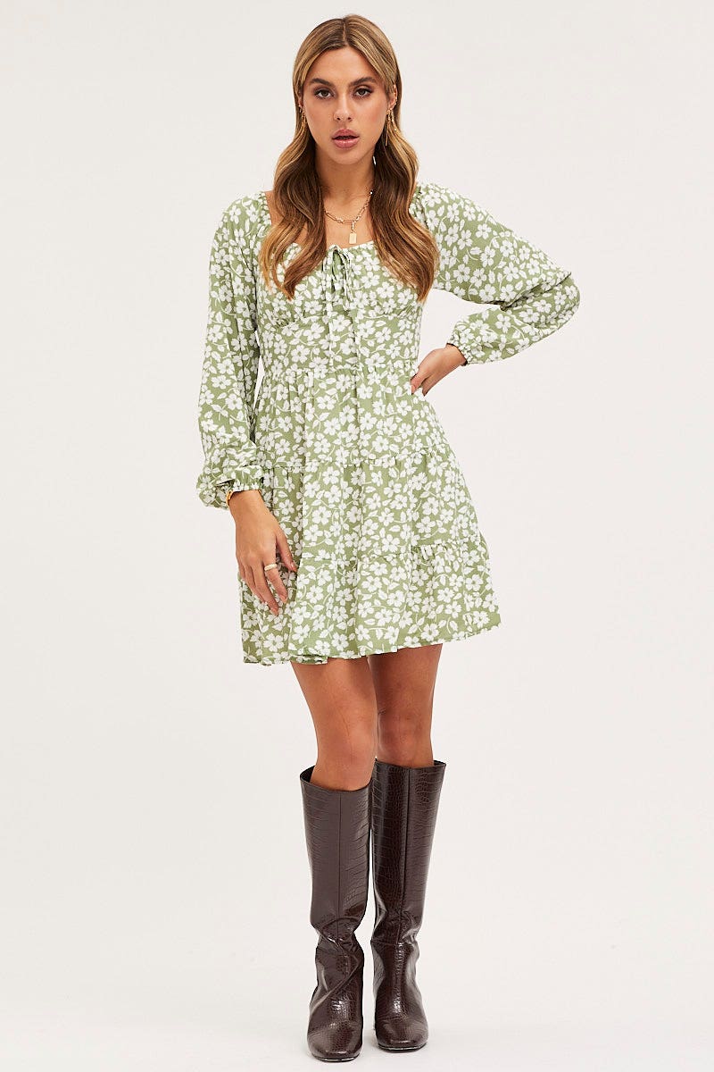 Print Mini Dress Long Sleeve Square Neck