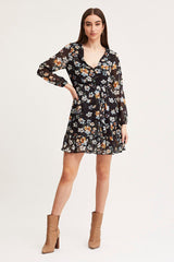 Print Mini Dress Long Sleeve V Neck