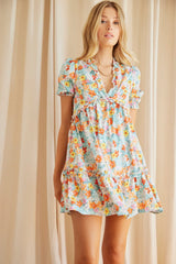 Print Mini Dress Short Sleeve V Neck