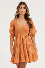 Orange Mini Dress Round Neck