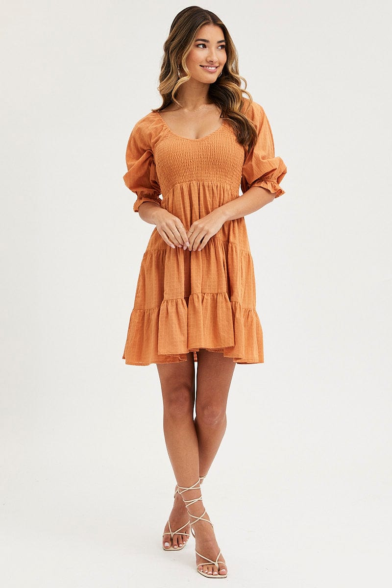 Orange Mini Dress Round Neck