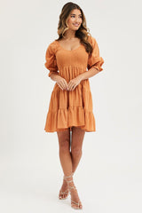 Orange Mini Dress Round Neck