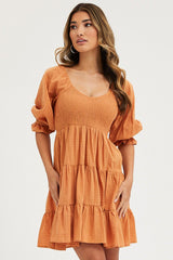 Orange Mini Dress Round Neck