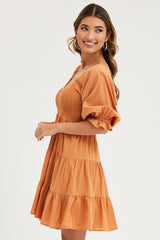 Orange Mini Dress Round Neck