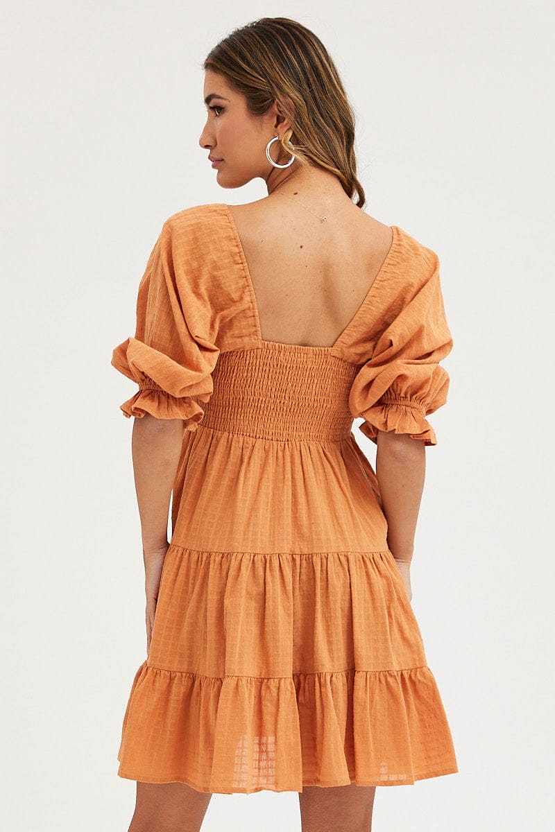Orange Mini Dress Round Neck