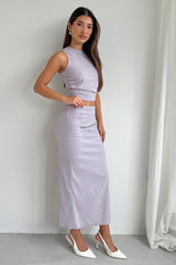 Grey Gathered Midi Skirt High Rise Bengaline Split