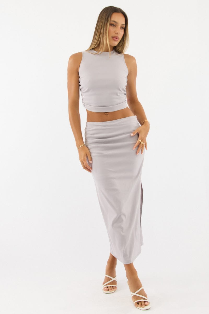 Grey Gathered Midi Skirt High Rise Bengaline Split