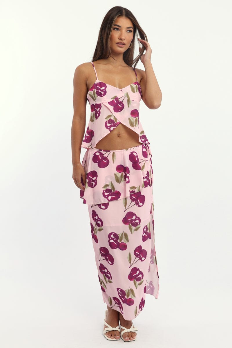 Pink Abstract Chiffon Maxi Skirt Lined
