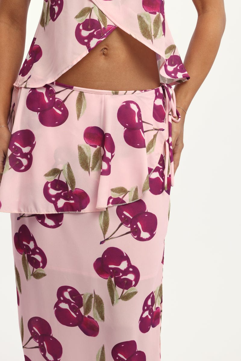 Pink Abstract Chiffon Maxi Skirt Lined