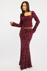 Red Floral Maxi Skirt High Waisted Panelled Detail Burnout