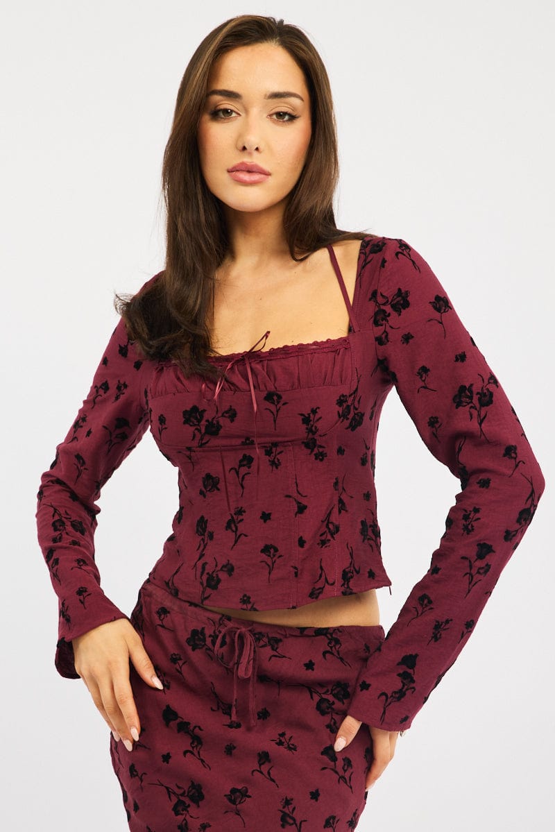 Red Floral Maxi Skirt High Waisted Panelled Detail Burnout