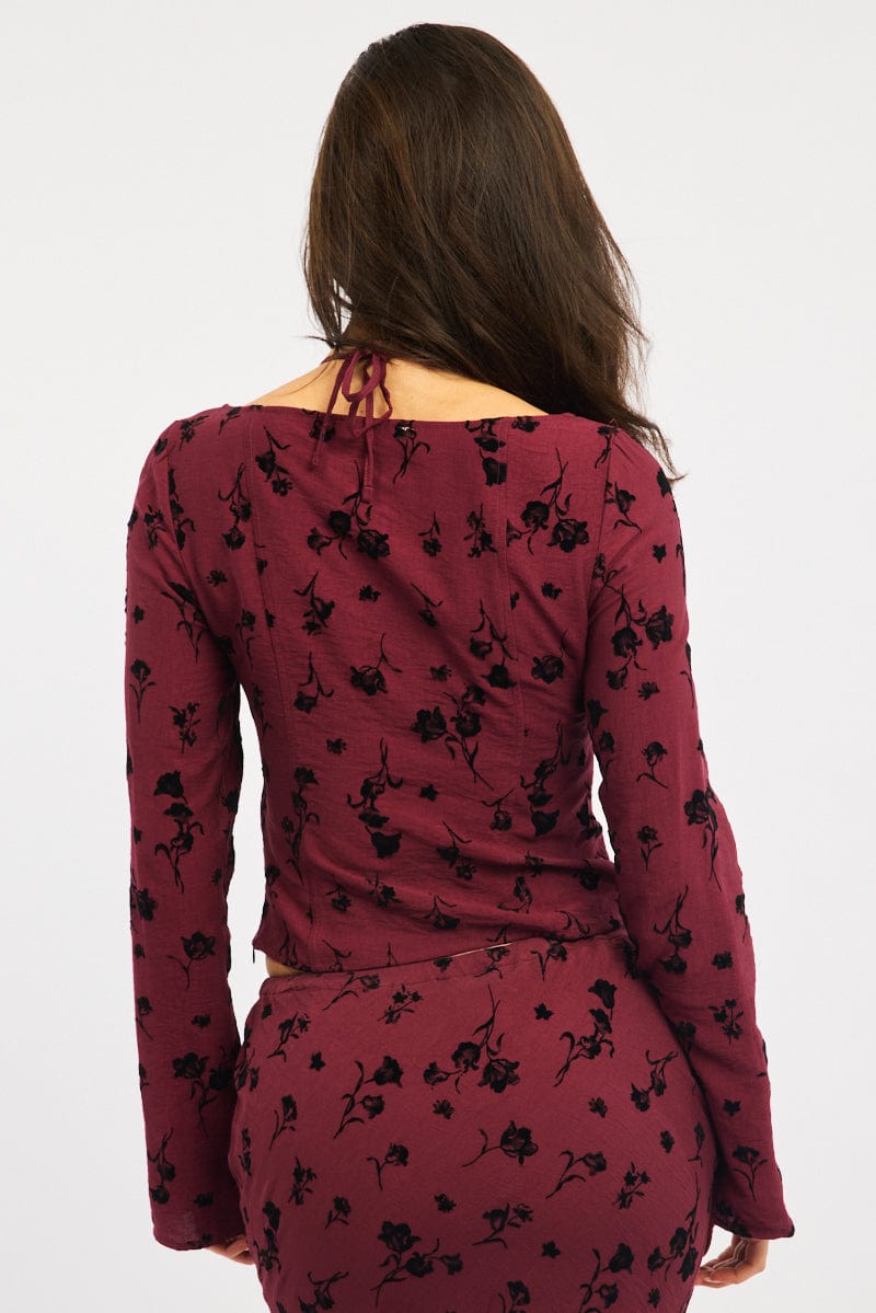 Red Floral Maxi Skirt High Waisted Panelled Detail Burnout