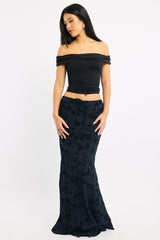 Black Floral Maxi Skirt High Waisted Panelled Detail Burnout