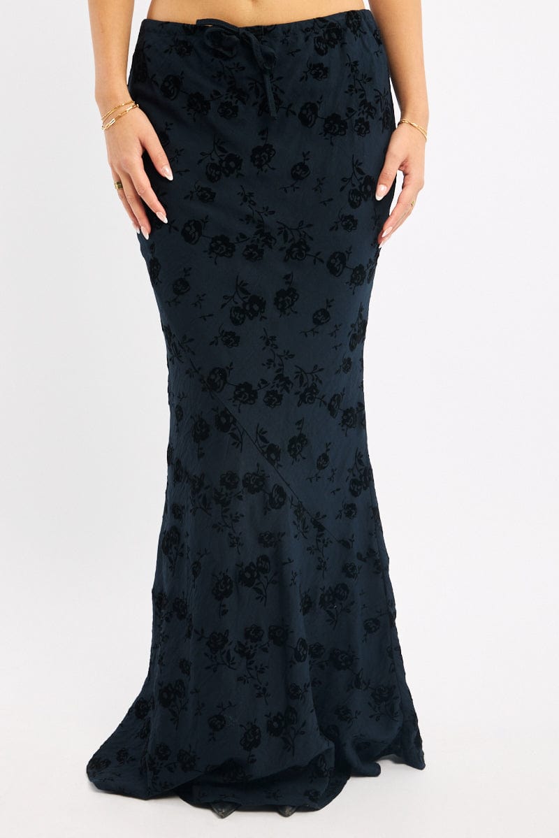 Black Floral Maxi Skirt High Waisted Panelled Detail Burnout