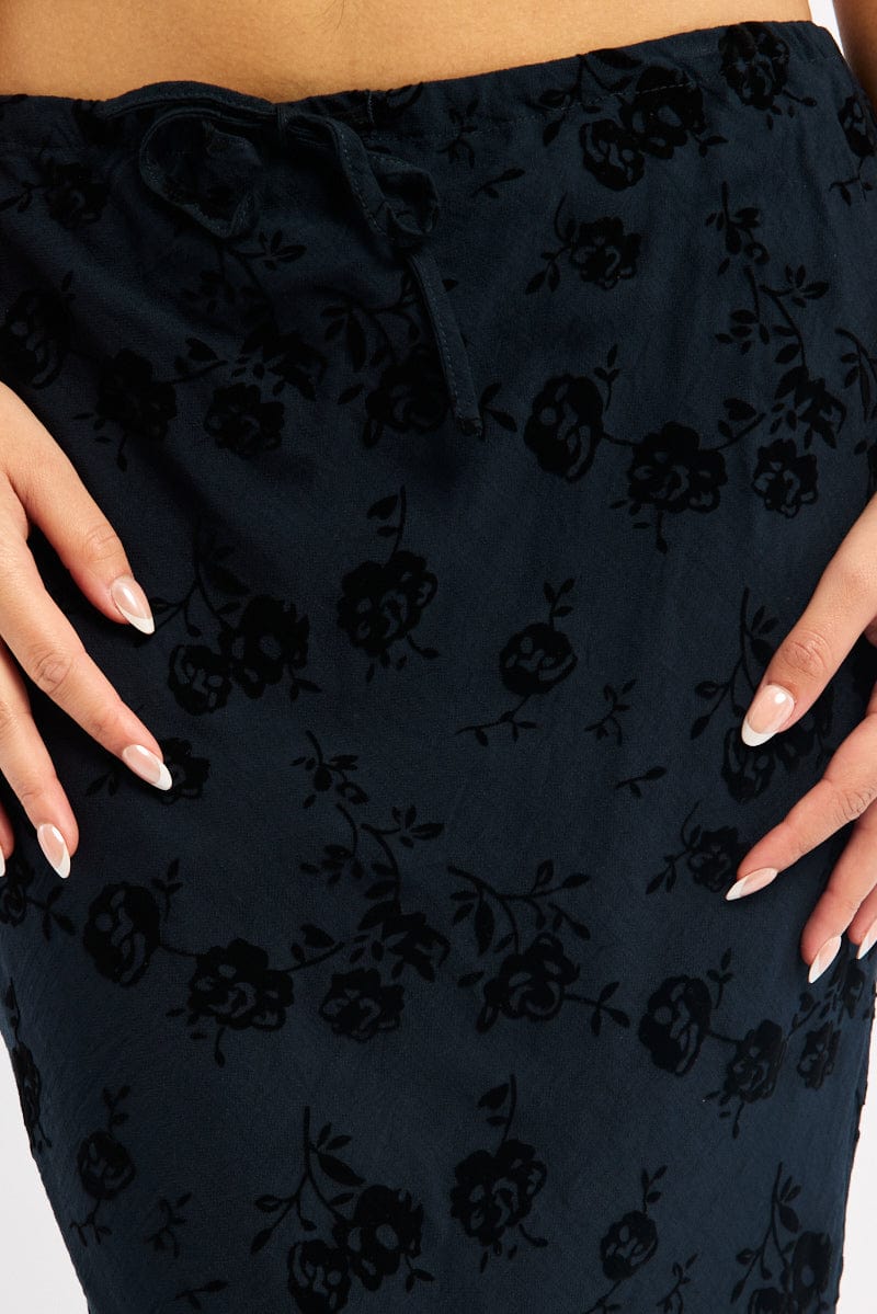 Black Floral Maxi Skirt High Waisted Panelled Detail Burnout