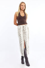 Beige Animal Print Snake Skin Skirt High Rise Front Split