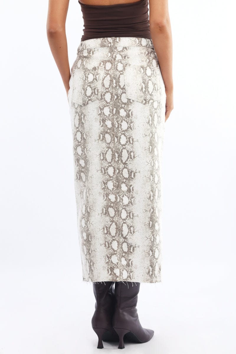 Beige Animal Print Snake Skin Skirt High Rise Front Split
