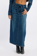 Denim Maxi Skirt Mid Rise Side Split