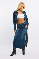 Denim Maxi Skirt Mid Rise Side Split