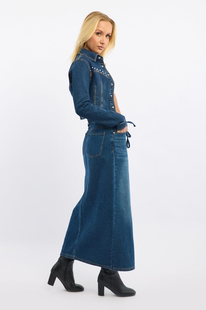 Denim Maxi Skirt Mid Rise Side Split