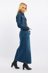 Denim Maxi Skirt Mid Rise Side Split