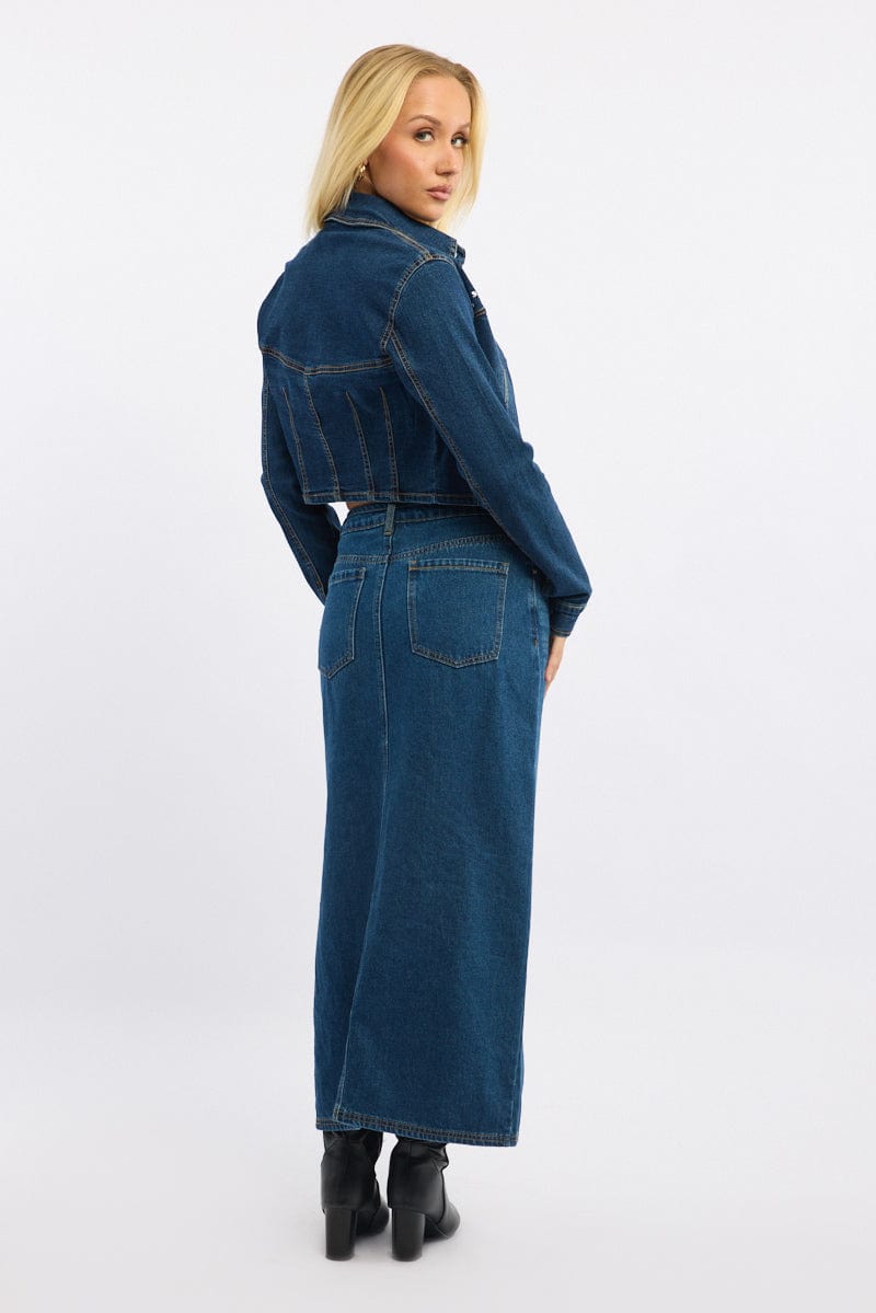 Denim Maxi Skirt Mid Rise Side Split