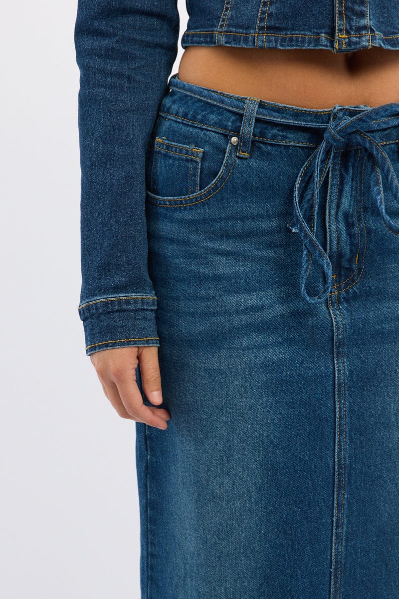 Denim Maxi Skirt Mid Rise Side Split