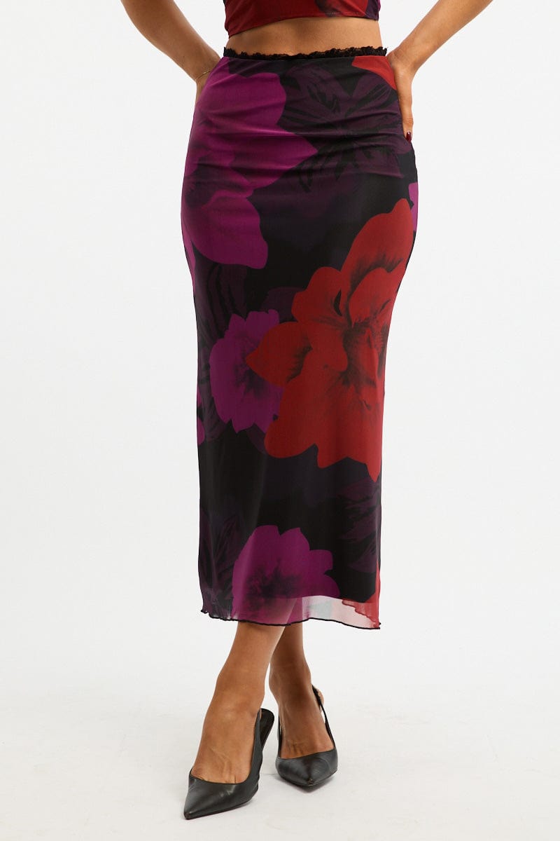 Black Floral Mesh Skirt Elasticated Lace Trim Midaxi
