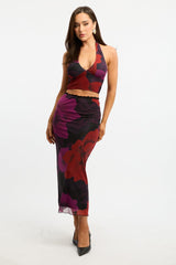 Black Floral Mesh Skirt Elasticated Lace Trim Midaxi