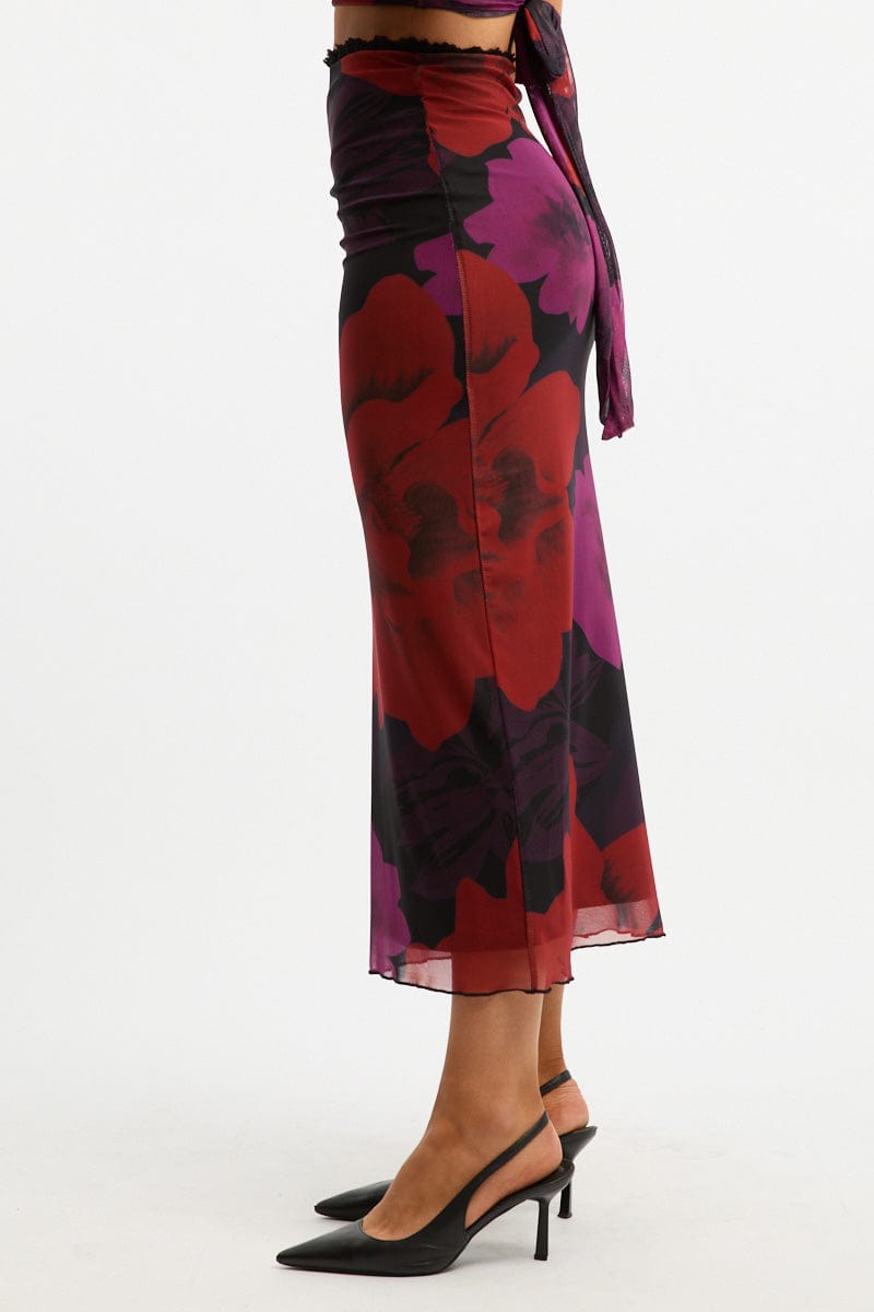 Black Floral Mesh Skirt Elasticated Lace Trim Midaxi