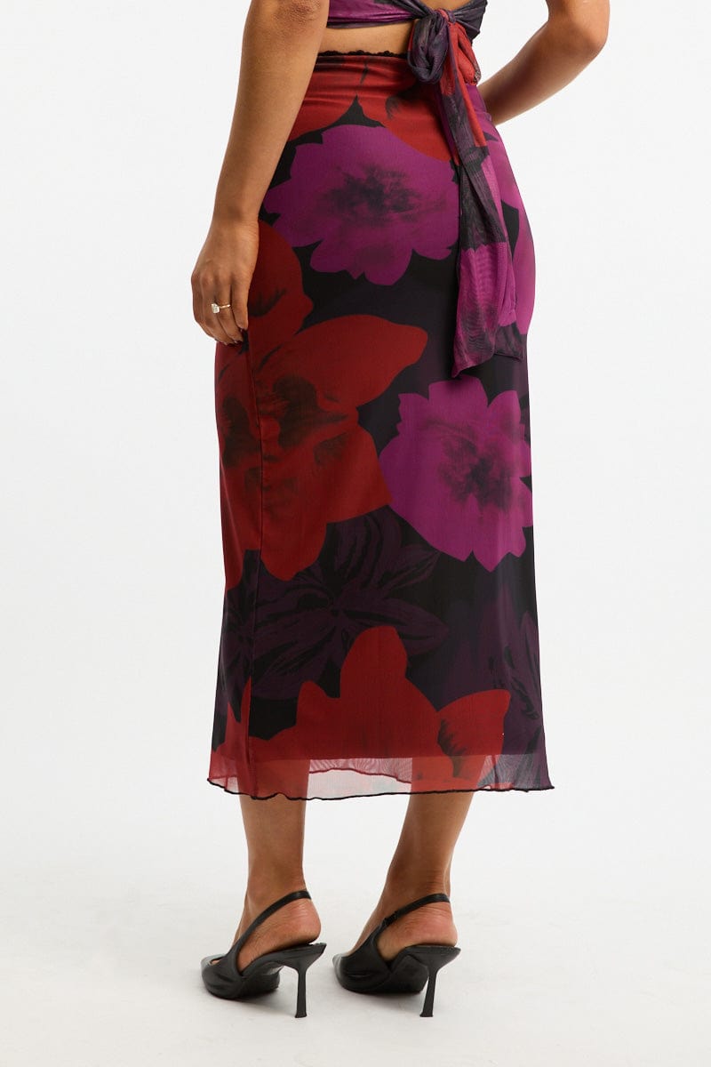 Black Floral Mesh Skirt Elasticated Lace Trim Midaxi