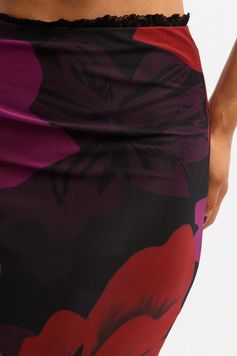 Black Floral Mesh Skirt Elasticated Lace Trim Midaxi