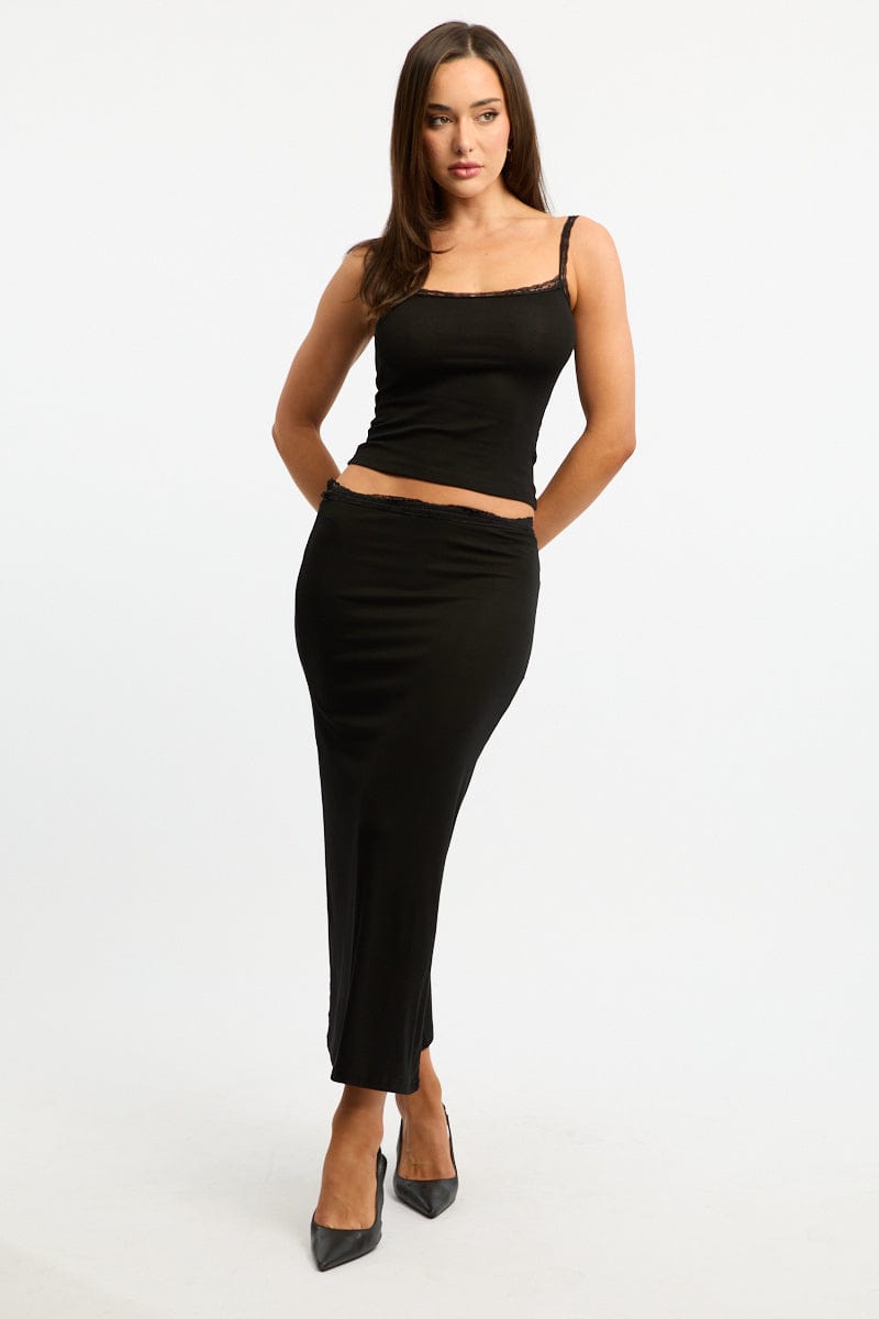 Black Maxi Skirt Elasticated Lace Trim Jersey Lined