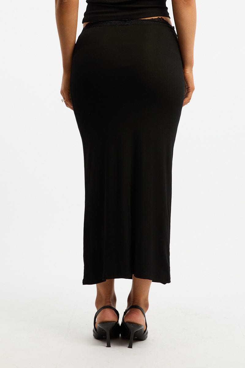 Black Maxi Skirt Elasticated Lace Trim Jersey Lined