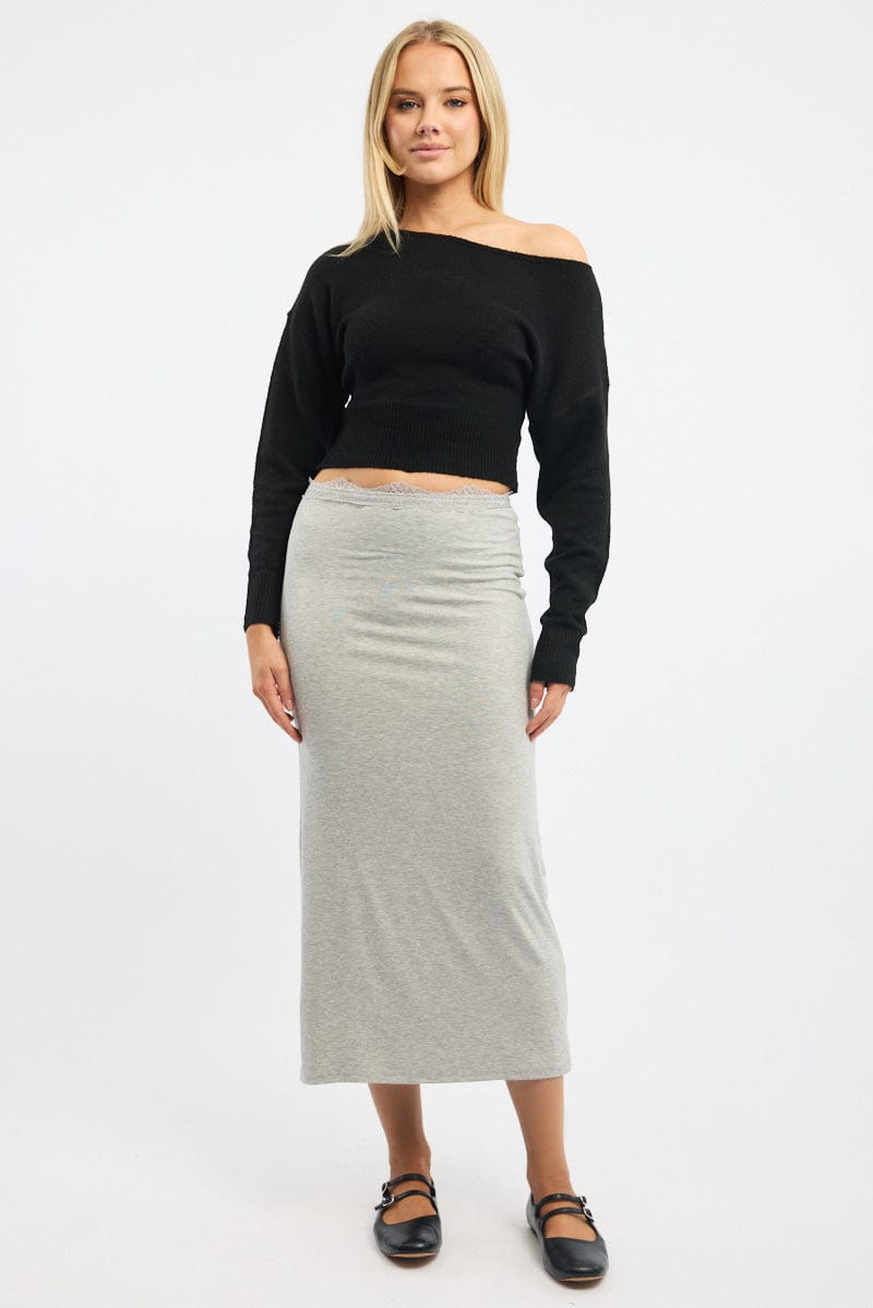 Grey Maxi Skirt Elasticated Lace Trim Jersey Lined