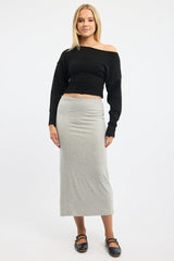 Grey Maxi Skirt Elasticated Lace Trim Jersey Lined