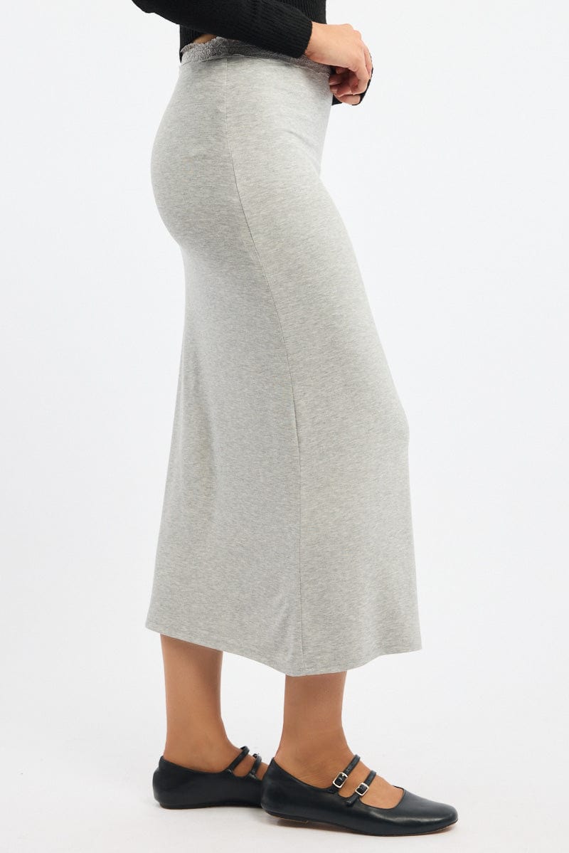 Grey Maxi Skirt Elasticated Lace Trim Jersey Lined
