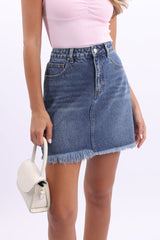 Denim Mini Skirt Mid Rise Relaxed Fit Bow Pocket Detail