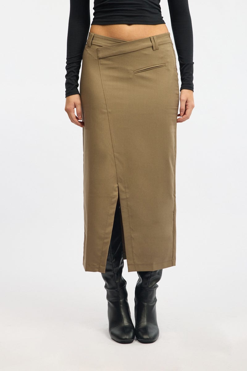 Beige Crossover Midaxi Skirt Mid Waisted Pocket Detail