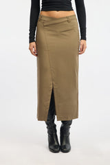 Beige Crossover Midaxi Skirt Mid Waisted Pocket Detail