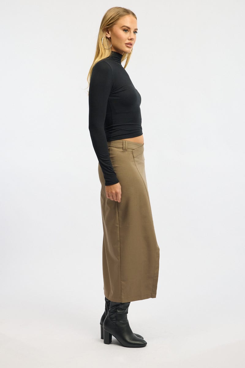Beige Crossover Midaxi Skirt Mid Waisted Pocket Detail