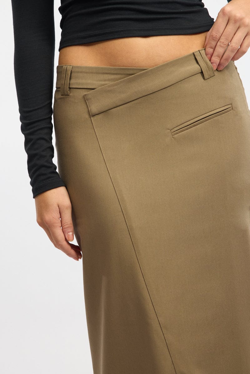 Beige Crossover Midaxi Skirt Mid Waisted Pocket Detail